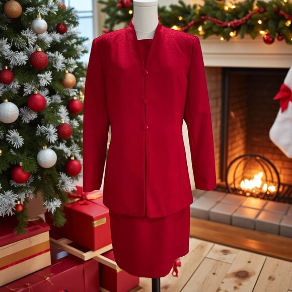 Laura Scott Red Dress Jacket Set Size 10 Business Career Modest Holiday Formal - Picture 1 of 11